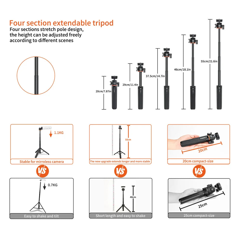 VRIG TP-06 4 Sections Camera Phone Tripod w 360 BallHead Cold Shoe Selfie Stick Tripod Stand for iPhone 15 14 13 12 Phone Camera