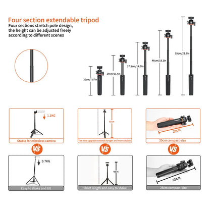 VRIG TP-06 4 Sections Camera Phone Tripod w 360 BallHead Cold Shoe Selfie Stick Tripod Stand for iPhone 15 14 13 12 Phone Camera