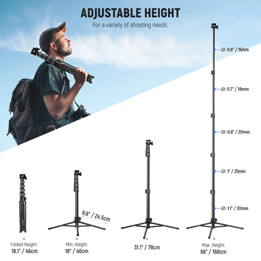 NEEWER Basic Phone Tripod for iPhone & Camera w/Remote & Phone Holder, 66" Metal Selfie Stick Travel Vlog Cell Phone Stand f