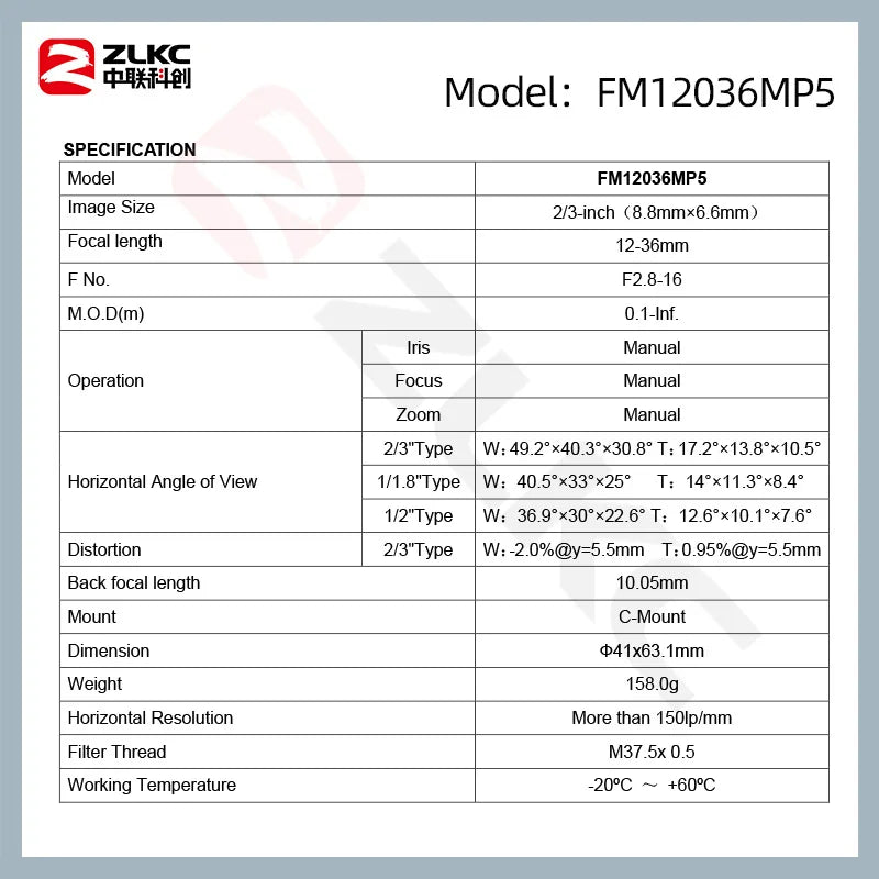 ZLKC CCTV Lens 12-36mm Varifocal 2/3 Inch Focal 5Megapixel F2.8 Aperture C-Mount Low Distortion Machine Vision Indusrial Camera