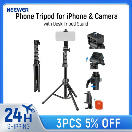NEEWER Basic Phone Tripod for iPhone & Camera w/Remote & Phone Holder, 66" Metal Selfie Stick Travel Vlog Cell Phone Stand f