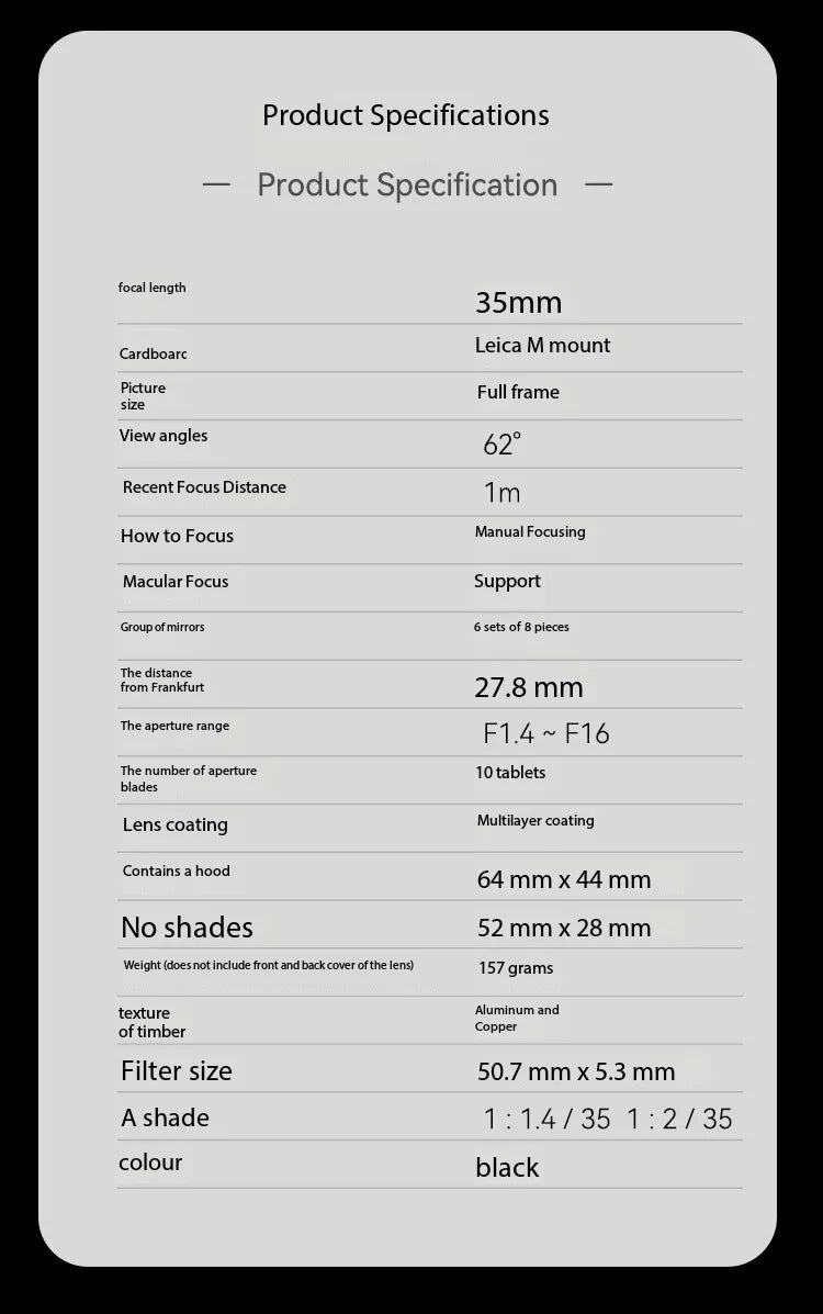 Artizlab 35mm F1.4 Full Frame Camera Lens For Leica M Mount For Leica M240 M3 M6 M7 M8 M9 M9p M10