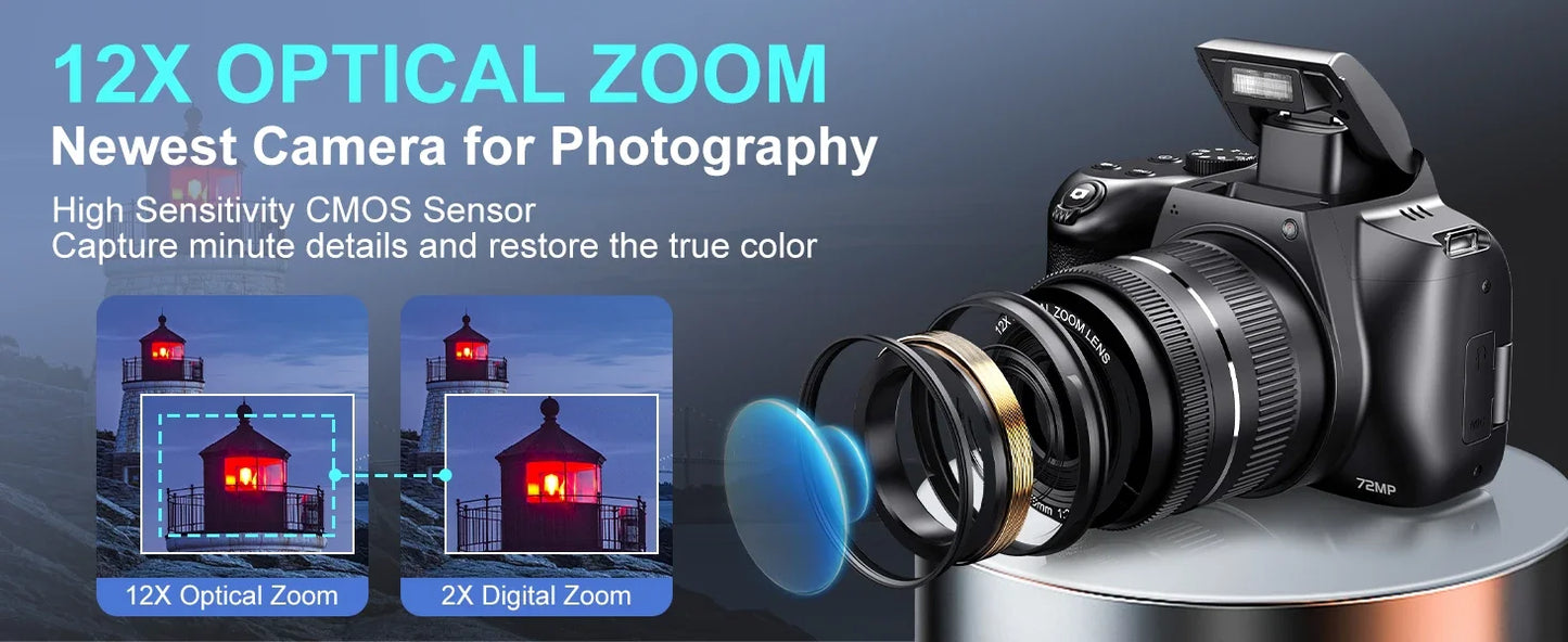 Digital Camera 4K 72MP 12X Optical Zoom UHD Professional photography Flash light Auto-Focus WIFI for INS Youtube Webcast