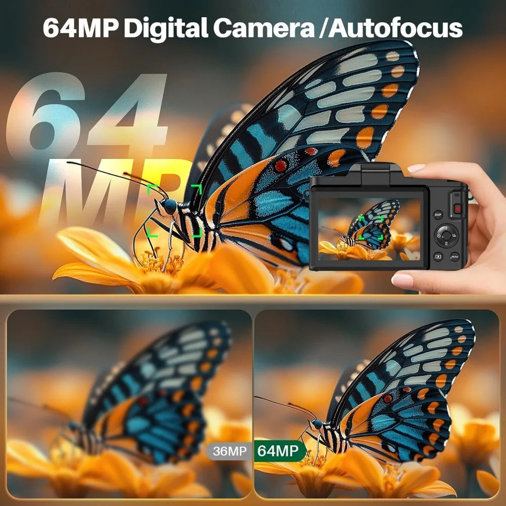 4K Digital Camera Photography 16X Zoom Autofocus 64MP WiFi Compact Travel Camera Vlogging Camera 180° Flip Screen for Beginners