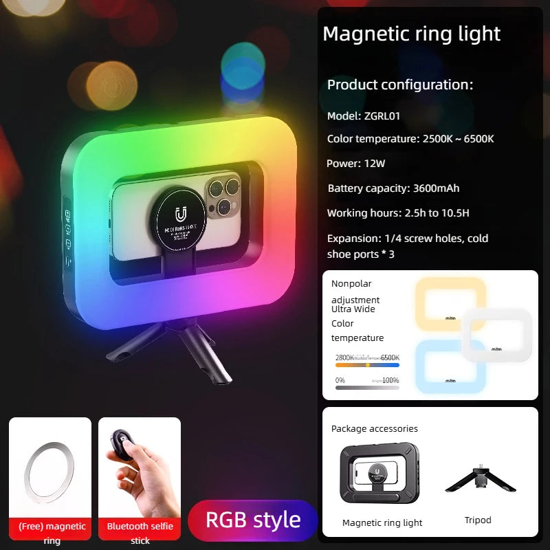 RGB Magnetic Handheld Ring Fill Light - Rechargeable for Phone Live Streaming, Photography, Desktop & Camera Cage Selfie Lightin