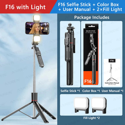 F16 Selfie Stick Tripod with 1708mm Long 8-Section Pole, Bluetooth Remote, 360° Rotation, 1/4 Interface, for Phone Camera Vlog