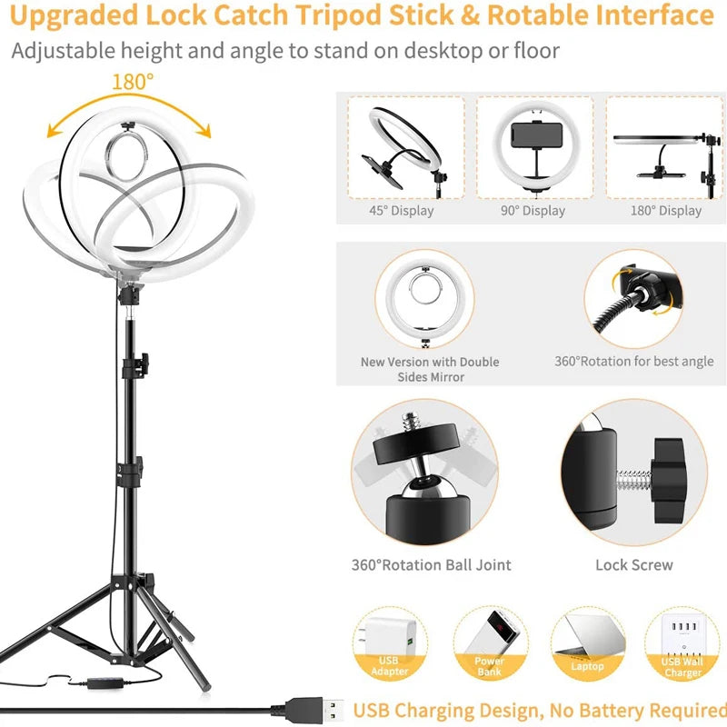 10 Inch LED Ring Light Photography Lighting Phone Ringlight With Tripod Stand Round Fill Lamp For Phone Live Video Selfie Lamp