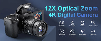 4K Digital Camera Professional photography 12X Optical Zoom 72MP Auto-Focus WIFI Flash Light For Tiktok Ins Youtube Webcast