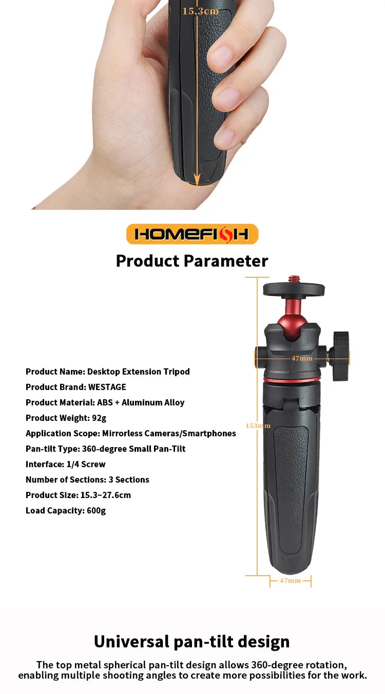 Portable extendable tripod for DSLR cameras, mobile phones, and desktops. Handle for live streaming.