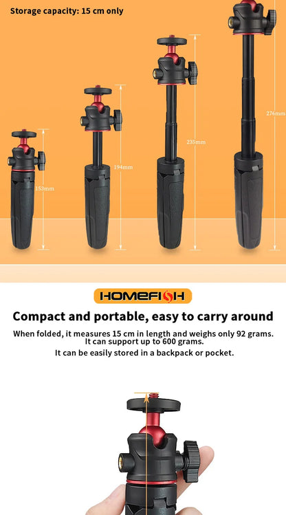 Portable extendable tripod for DSLR cameras, mobile phones, and desktops. Handle for live streaming.