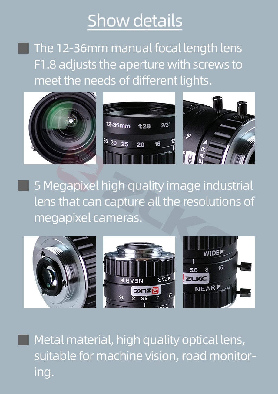 ZLKC CCTV Lens 12-36mm Varifocal 2/3 Inch Focal 5Megapixel F2.8 Aperture C-Mount Low Distortion Machine Vision Indusrial Camera