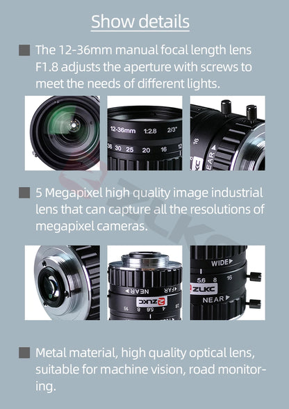 ZLKC CCTV Lens 12-36mm Varifocal 2/3 Inch Focal 5Megapixel F2.8 Aperture C-Mount Low Distortion Machine Vision Indusrial Camera