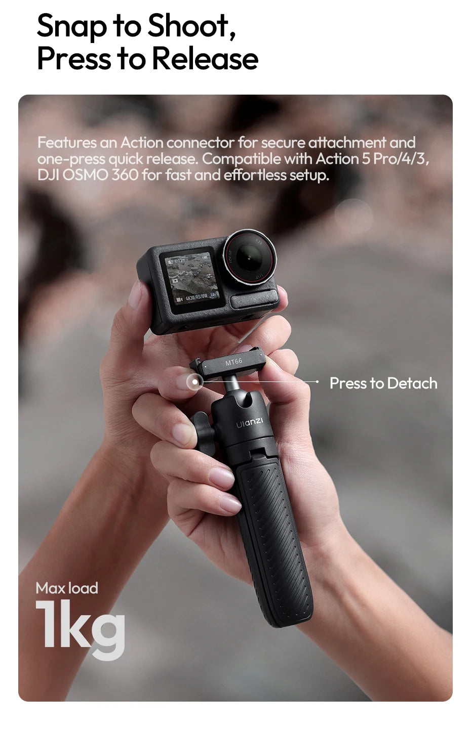 Ulanzi MT66 ClipMate Tripod With Action Connector 3-in-1 Backpack Clip Selfie Stick Tripod For DJI Action 5 Pro/4/3 Vlog Travel