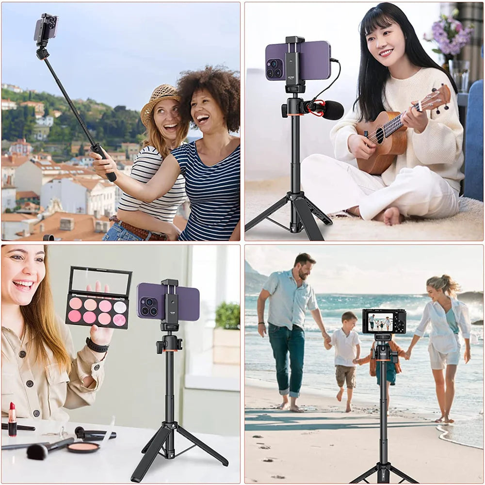 VRIG TP-06 4 Sections Camera Phone Tripod w 360 BallHead Cold Shoe Selfie Stick Tripod Stand for iPhone 15 14 13 12 Phone Camera