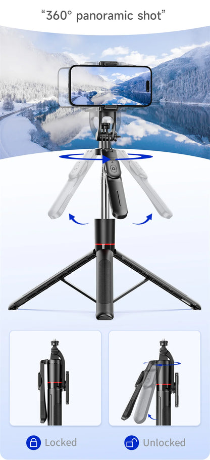 MEUYAG Selfie Stick Tripod with 1708mm Long Monopod Fill Light, Bluetooth Remote, 360° Rotation, 1/4 Interface, for mobile phone
