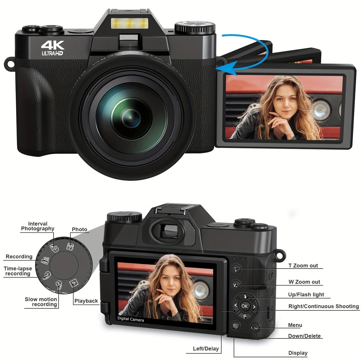 4K Digital Camera for Photography 16X Digital Zoom Vlogging Camera for YouTube 64MP WiFi Auto Focus Video Camera 3" Flip Screen