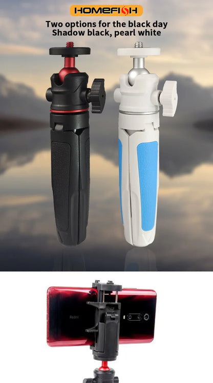 Portable extendable tripod for DSLR cameras, mobile phones, and desktops. Handle for live streaming.