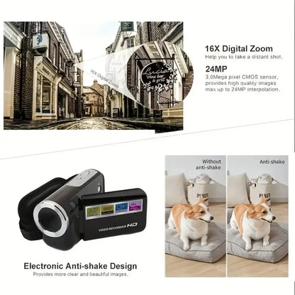 Mini Video DV Camcorder, 16MP 2 Inch LCD Digital Camera with LED Flash, Handheld Portable Home Outdoor Video Recorder Gift