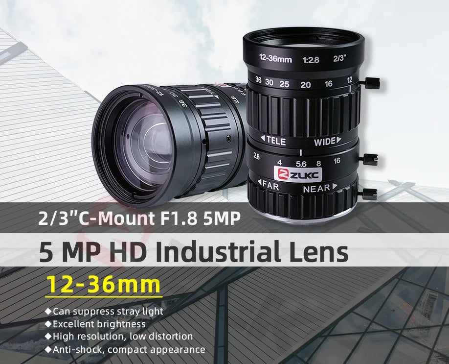 ZLKC CCTV Lens 12-36mm Varifocal 2/3 Inch Focal 5Megapixel F2.8 Aperture C-Mount Low Distortion Machine Vision Indusrial Camera