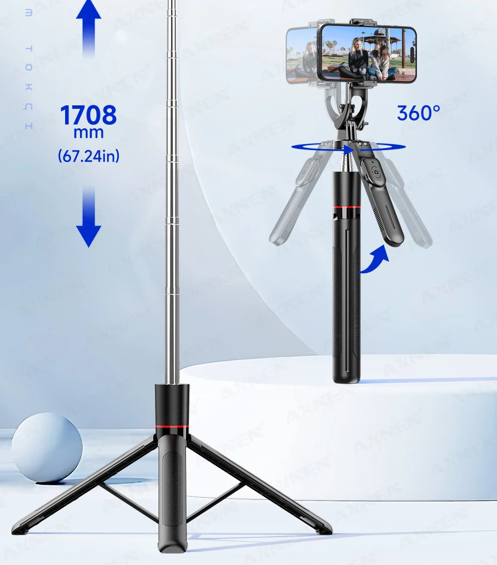 F16 Selfie Stick Tripod with 1708mm Long 8-Section Pole, Bluetooth Remote, 360° Rotation, 1/4 Interface, for Phone Camera Vlog