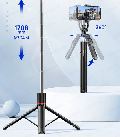 F16 Selfie Stick Tripod with 1708mm Long 8-Section Pole, Bluetooth Remote, 360° Rotation, 1/4 Interface, for Phone Camera Vlog