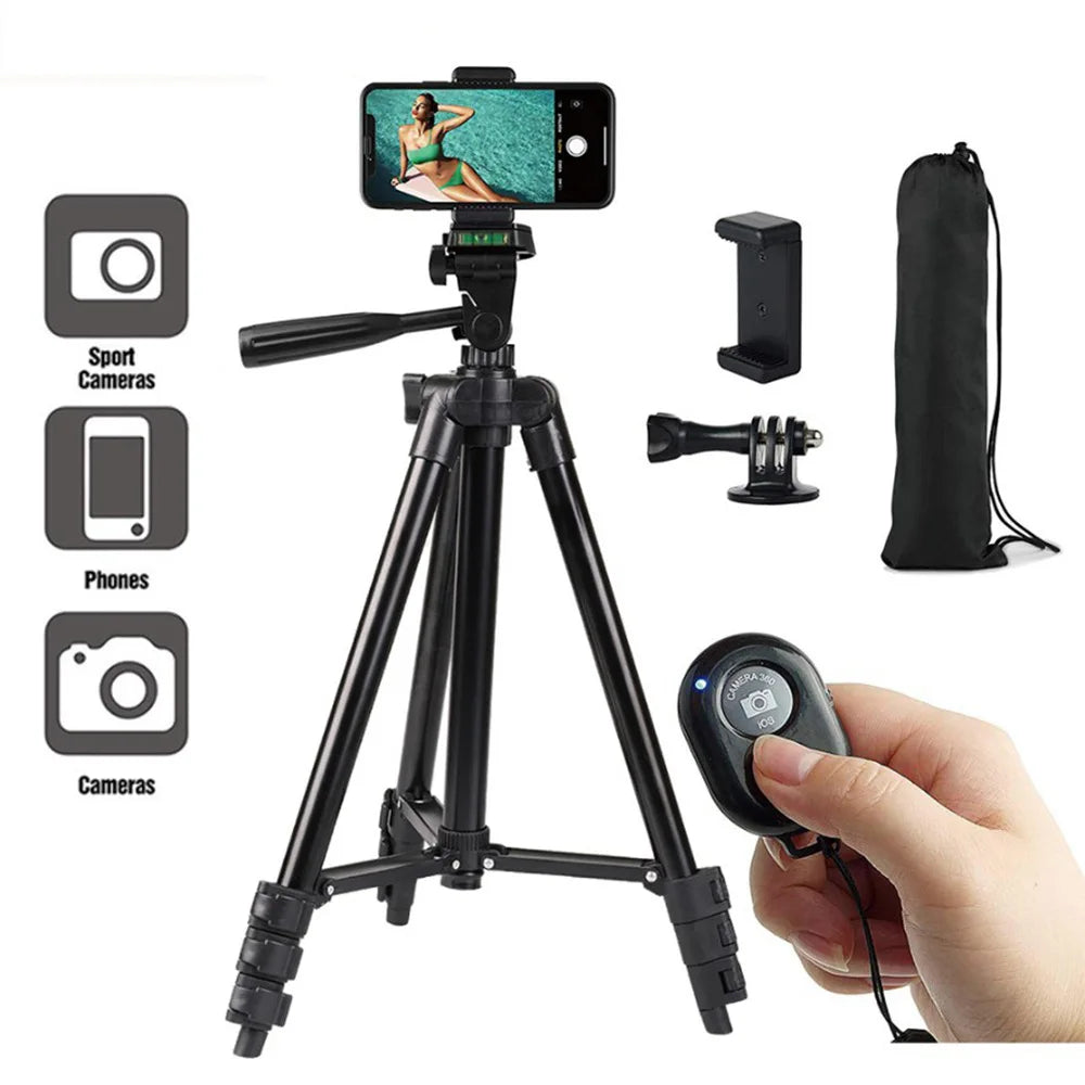64”Phone & Camera Tripod with Remote and Phone Holder, Sturdy & Stable Height Adjustable Multi-Angle Shot Selfie Stick Tripod