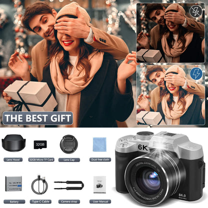 6K Digital Camera for Photography and Video Autofocus Anti-Shake 84MP YouTube Vlogging Camera 3'' 180° Flip Screen with Flash