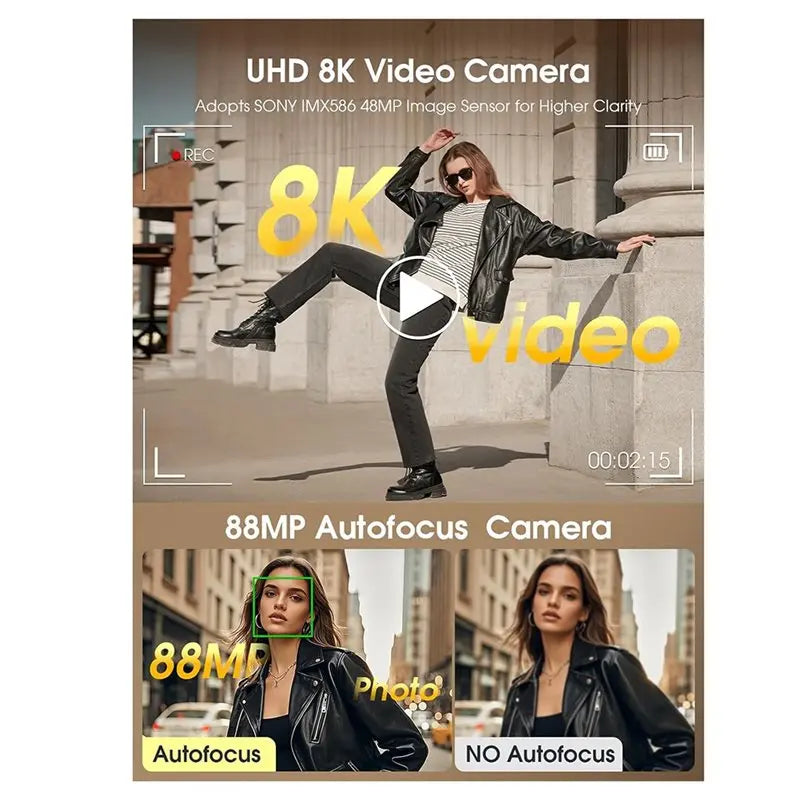 ABUO-Digital Camera 8K, 88MP Autofocus Photography Camera With Wifi& Touch Screen, 16X Zoom Vlog Recording Functionality