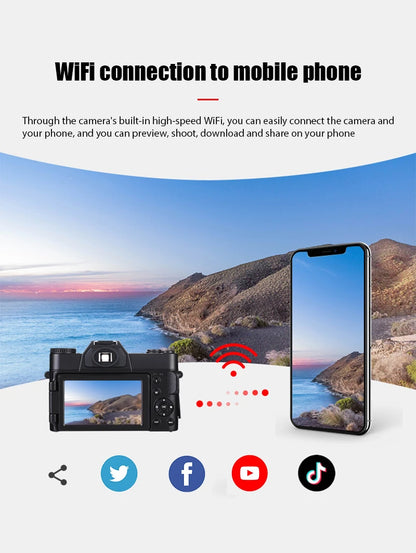 4K HD Professional Digital Camera Camcorder WIFI Webcam Wide Angle 16X Digital Zoom 48MP Photography 3 Inch Flip Screen Recorder
