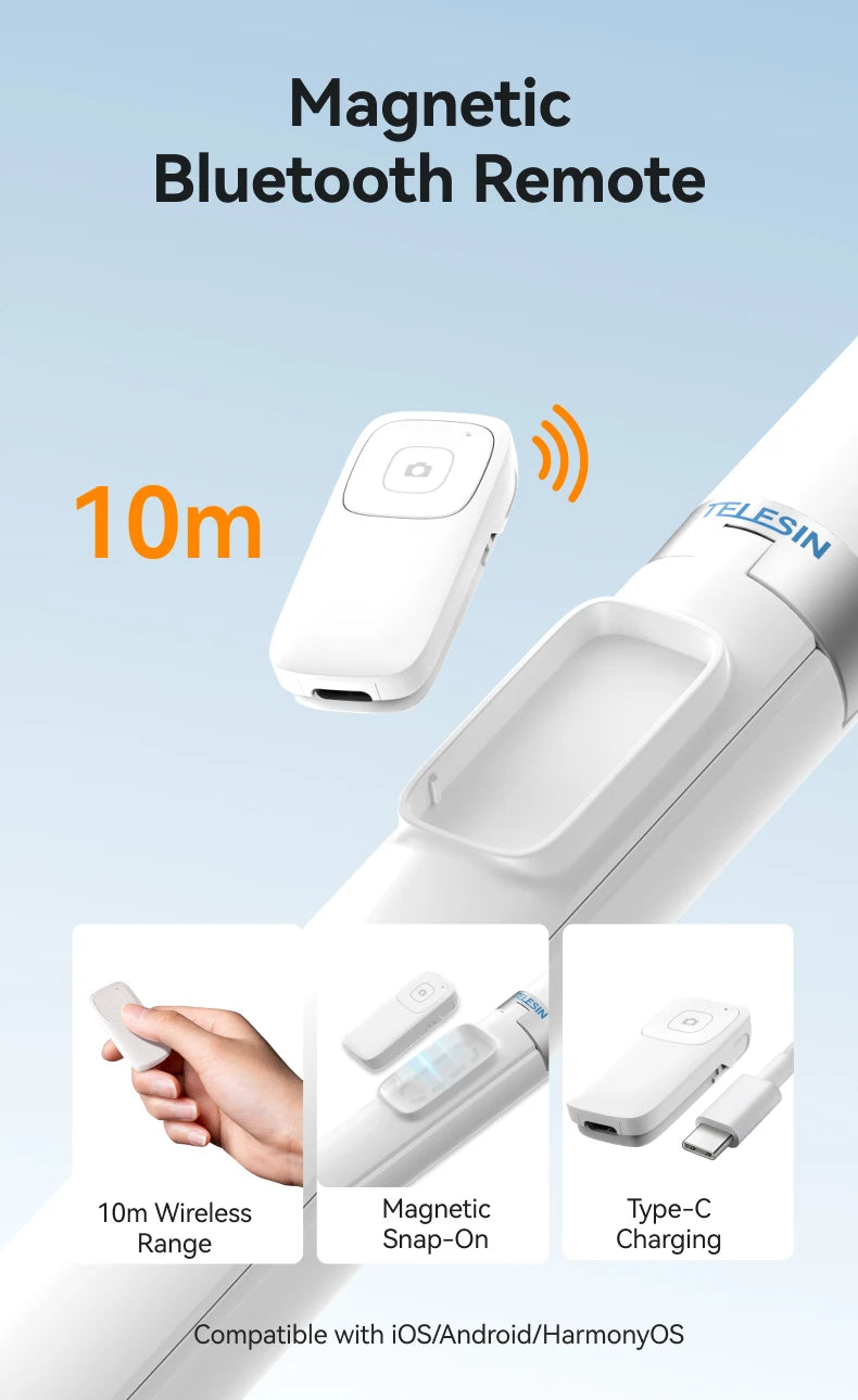 TELESIN Auto-Opening Tripod Selfie Stick with Remote Control Automatically Unfold Tripod Ground 1.7m Clamp-on Tripod for Phones