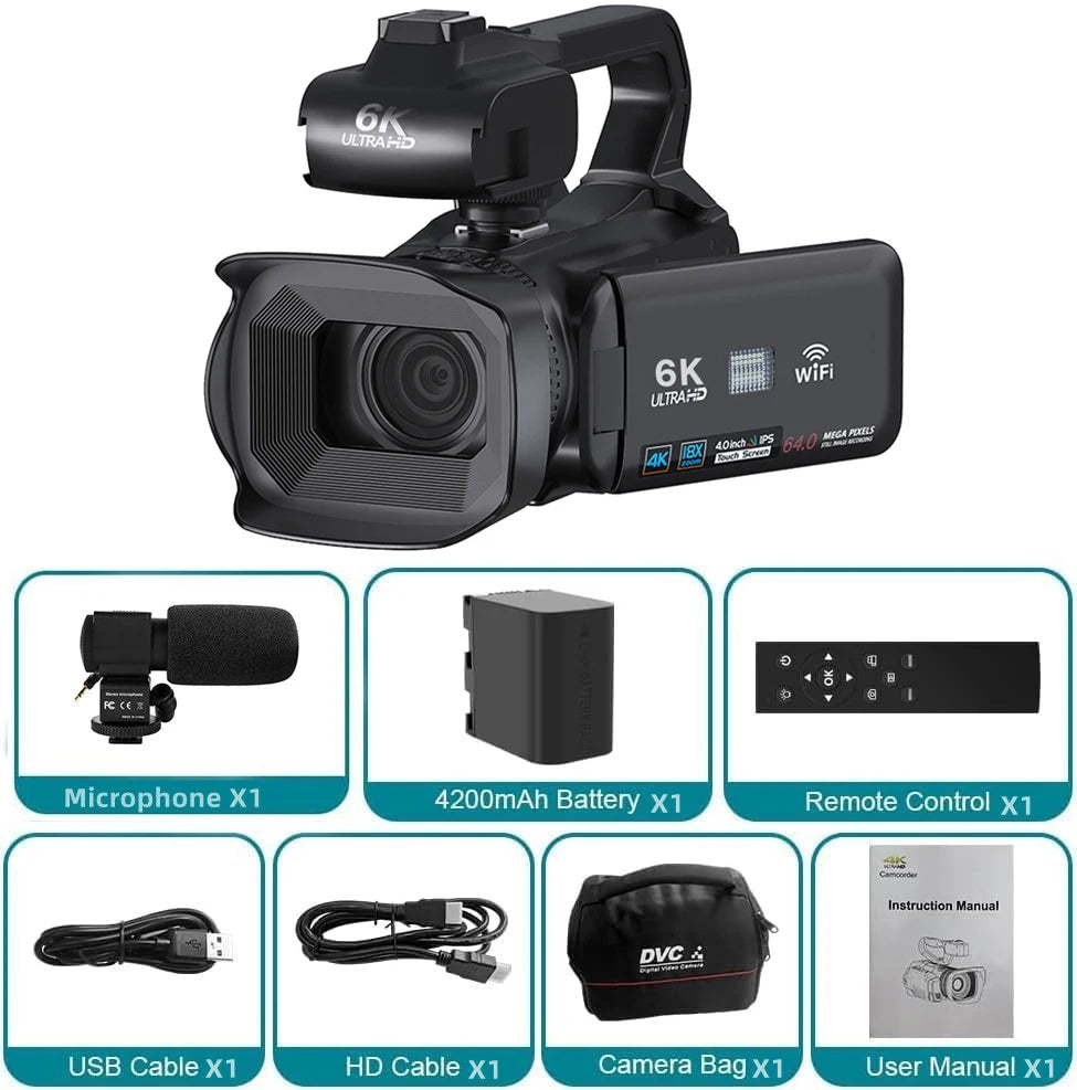 4K Professional Video Cameras for Photography 64MP Ultra HD 18X Digital Zoom Camcorder WIFI YouTube Live Streaming Vlog Recorder