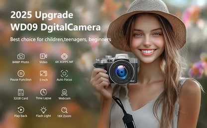 6K Digital Camera for Photography and Video Autofocus Anti-Shake 84MP YouTube Vlogging Camera 3'' 180° Flip Screen with Flash