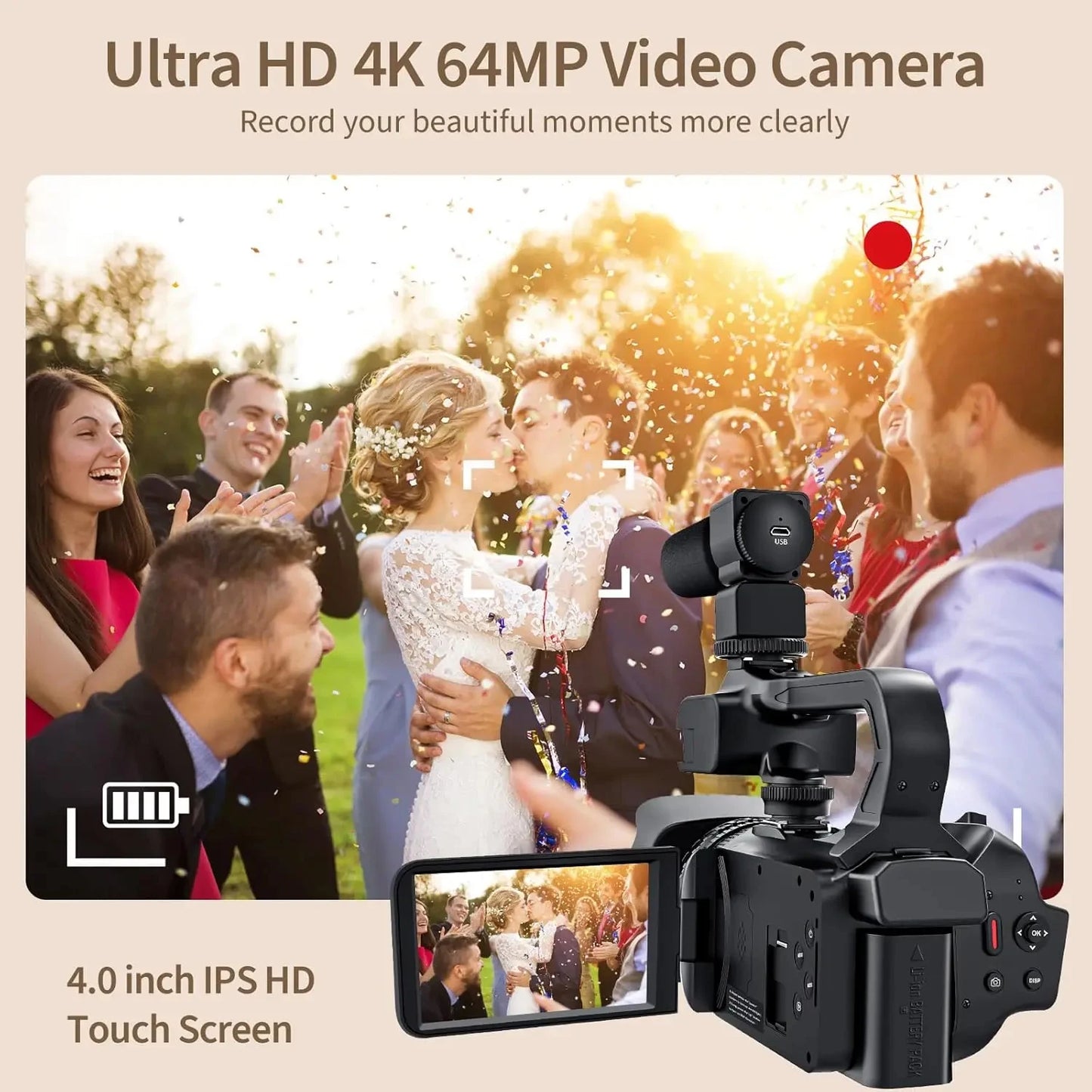 64MP 4K Camcorder 4.0 Inch 270° Rotate Touch Screen 18X 4K UHD Professional Digital Video Camera Youtube Livestream Wifi Webcam