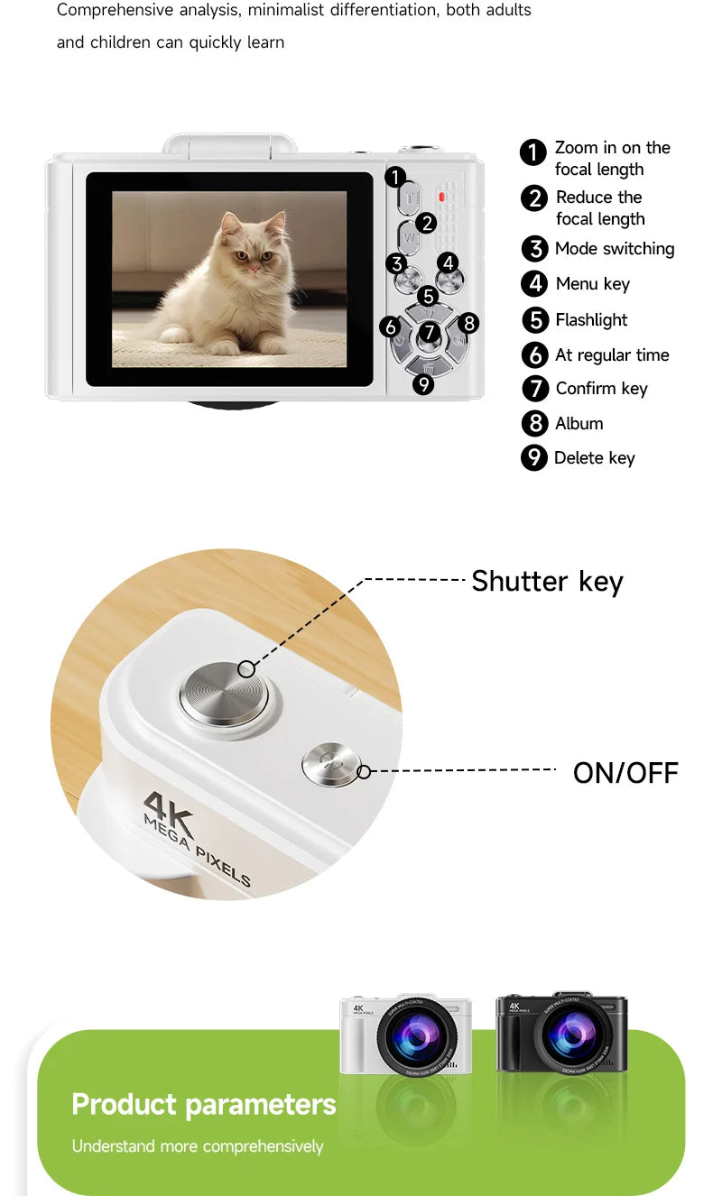 Digital Camera 4K 64MP HD 18X Zoom Autofocus Retro Compact Digital Camera with 2.8 Inch Screen for Travel Photography Vlogging