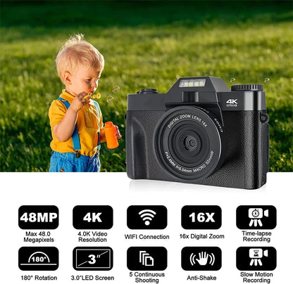 4K Compact Digital Photography Camera 16X 48MP Electronic Image Stabilization vlog Tiktok Ins Youtube Camcorder 3" Flip Screen