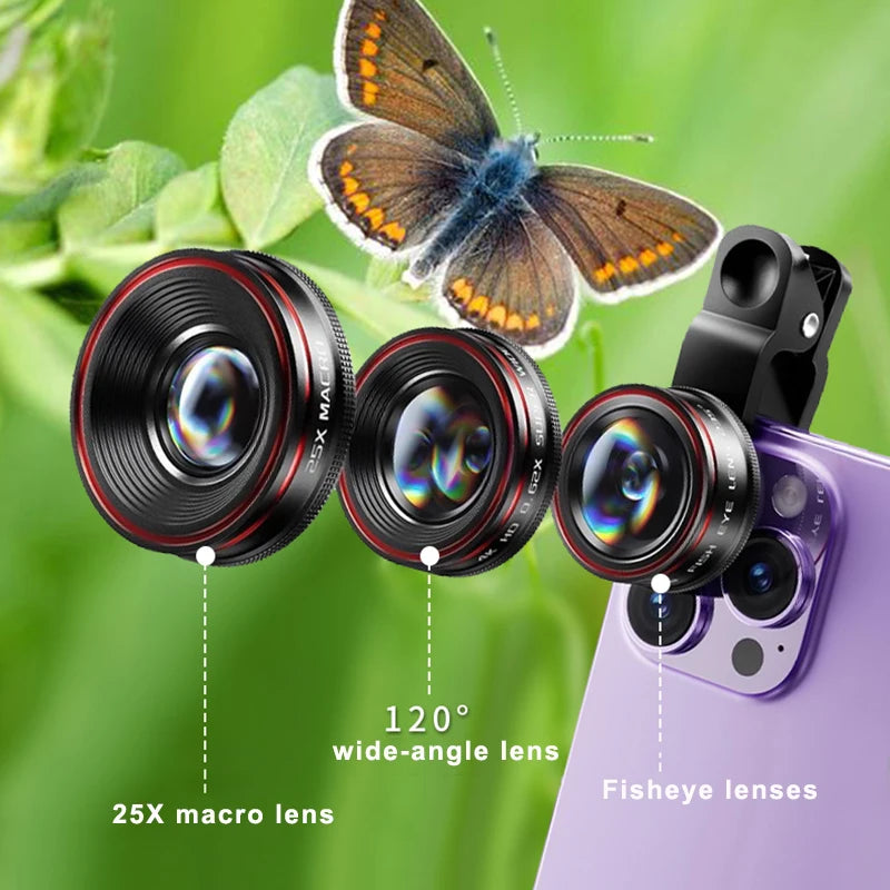 Mobile phone camera lens with lens clip wide-angle 25X macro  fisheye external lens for photography Durable clip design Creative