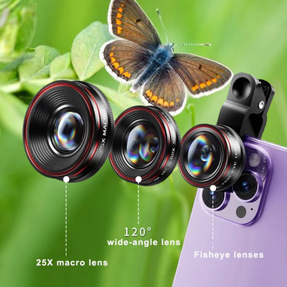 Mobile phone camera lens with lens clip wide-angle 25X macro  fisheye external lens for photography Durable clip design Creative