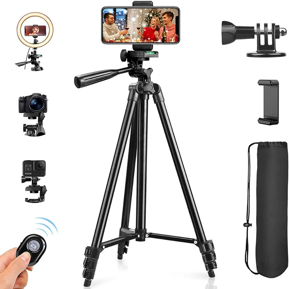64”Phone & Camera Tripod with Remote and Phone Holder, Sturdy & Stable Height Adjustable Multi-Angle Shot Selfie Stick Tripod