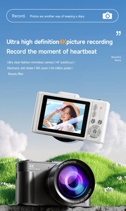 Digital Camera 4K 64MP HD 18X Zoom Autofocus Retro Compact Digital Camera with 2.8 Inch Screen for Travel Photography Vlogging