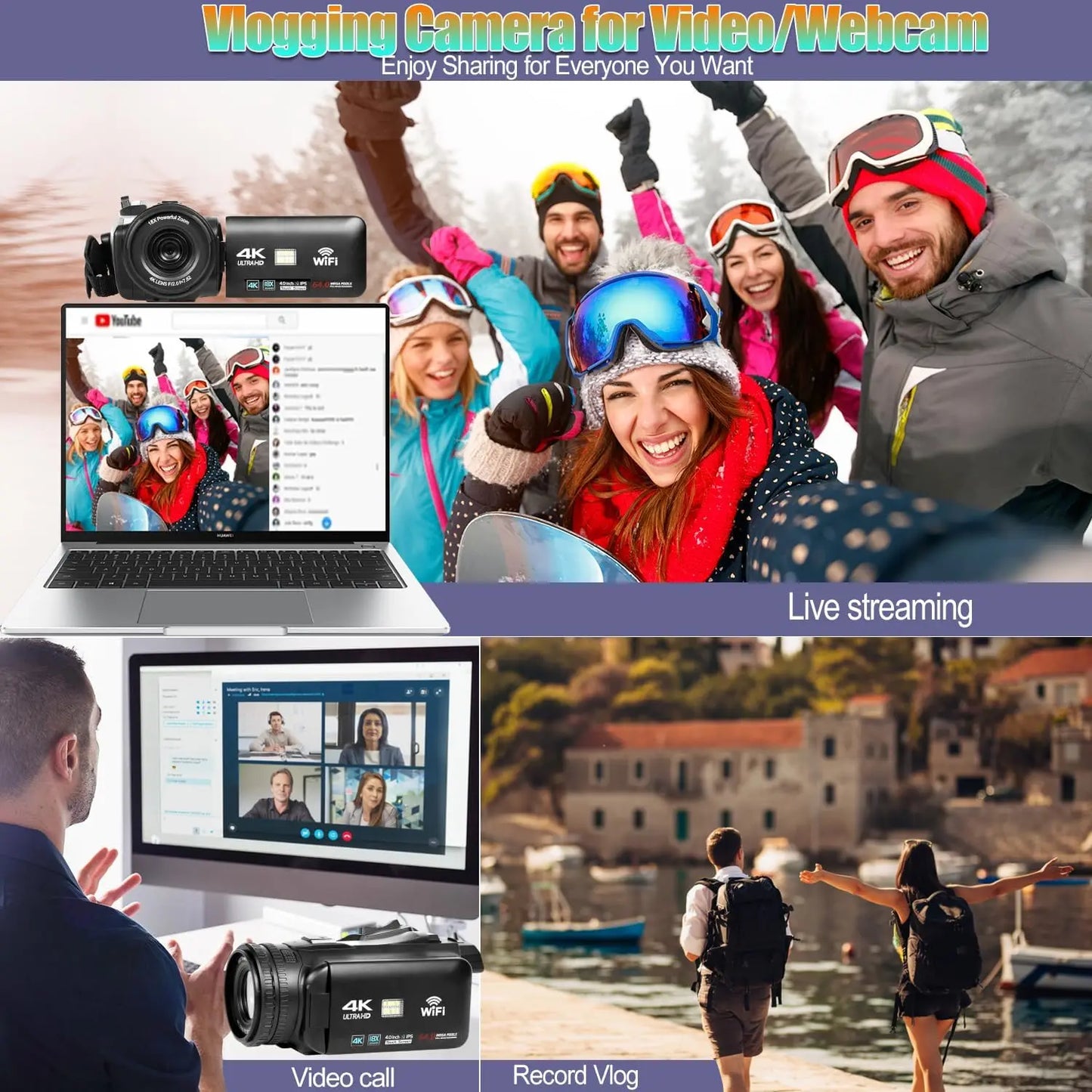4K 60FPS Professional Camcorder for Photography 64MP WiFi Livestream Webcam Video Cameras 18X Digital Zoom YouTube Vlog Recorder