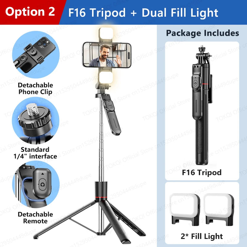 F16 Tripod 1/4'' Interface Extendable Selfie Stick for Smartphone 360° Rotat Shooting Vlog Video Live Broadcast Film with Remote