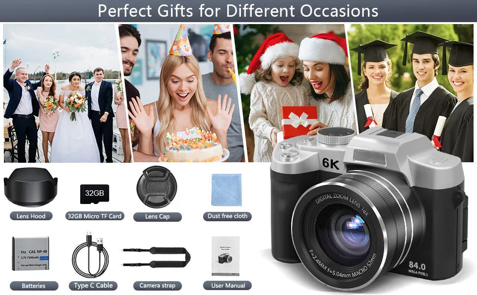 6K Digital Camera for Photography and Video Autofocus Anti-Shake 84MP YouTube Vlogging Camera 3'' 180° Flip Screen with Flash