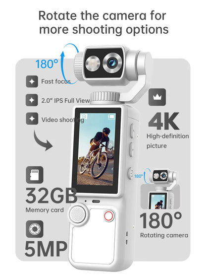 2026 new 4K Vlog camera portable pocket sports camera touch screen 16x optical autofocus anti-shake camera video 180° lens flip