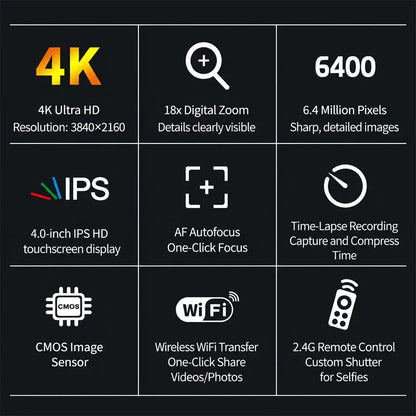4K 60FPS Professional Camcorder for Photography 64MP WiFi Livestream Webcam Video Cameras 18X Digital Zoom YouTube Vlog Recorder