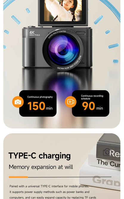 Digital Camera 4K 64MP HD 18X Zoom Autofocus Retro Compact Digital Camera with 2.8 Inch Screen for Travel Photography Vlogging