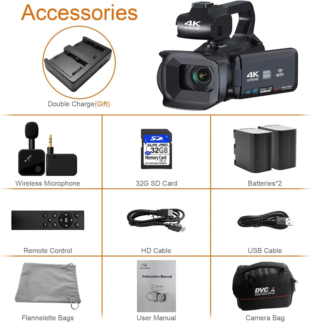 4K Professional Video Cameras for Photography 64MP Ultra HD 18X Digital Zoom Camcorder WIFI YouTube Live Streaming Vlog Recorder