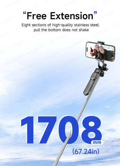F16 Selfie Stick Tripod with 1708mm Long 8-Section Pole, Bluetooth Remote, 360° Rotation, 1/4 Interface, for Phone Camera Vlog