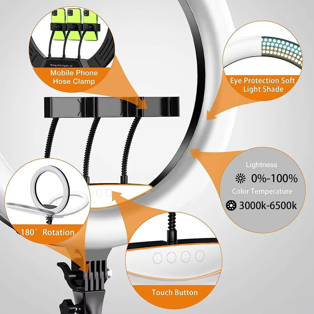 22 inch Ring Light 3000-6500K Color LED Video Ring Lamp with Phone Holder And Remote For MakeUp Youtube Photo Studio