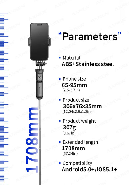 F16 Selfie Stick Tripod with 1708mm Long 8-Section Pole, Bluetooth Remote, 360° Rotation, 1/4 Interface, for Phone Camera Vlog
