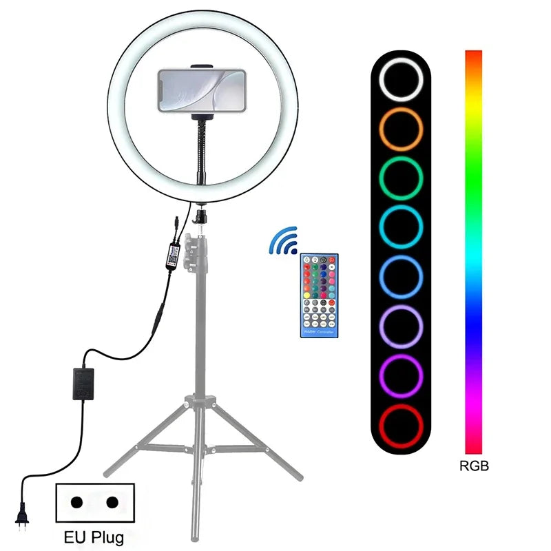 LED Selfie Ring Light 12 Inch Desktop Video YouTube Lamp Tripod Stand Dimmable RGB Photography Light Remote Control Soft Light